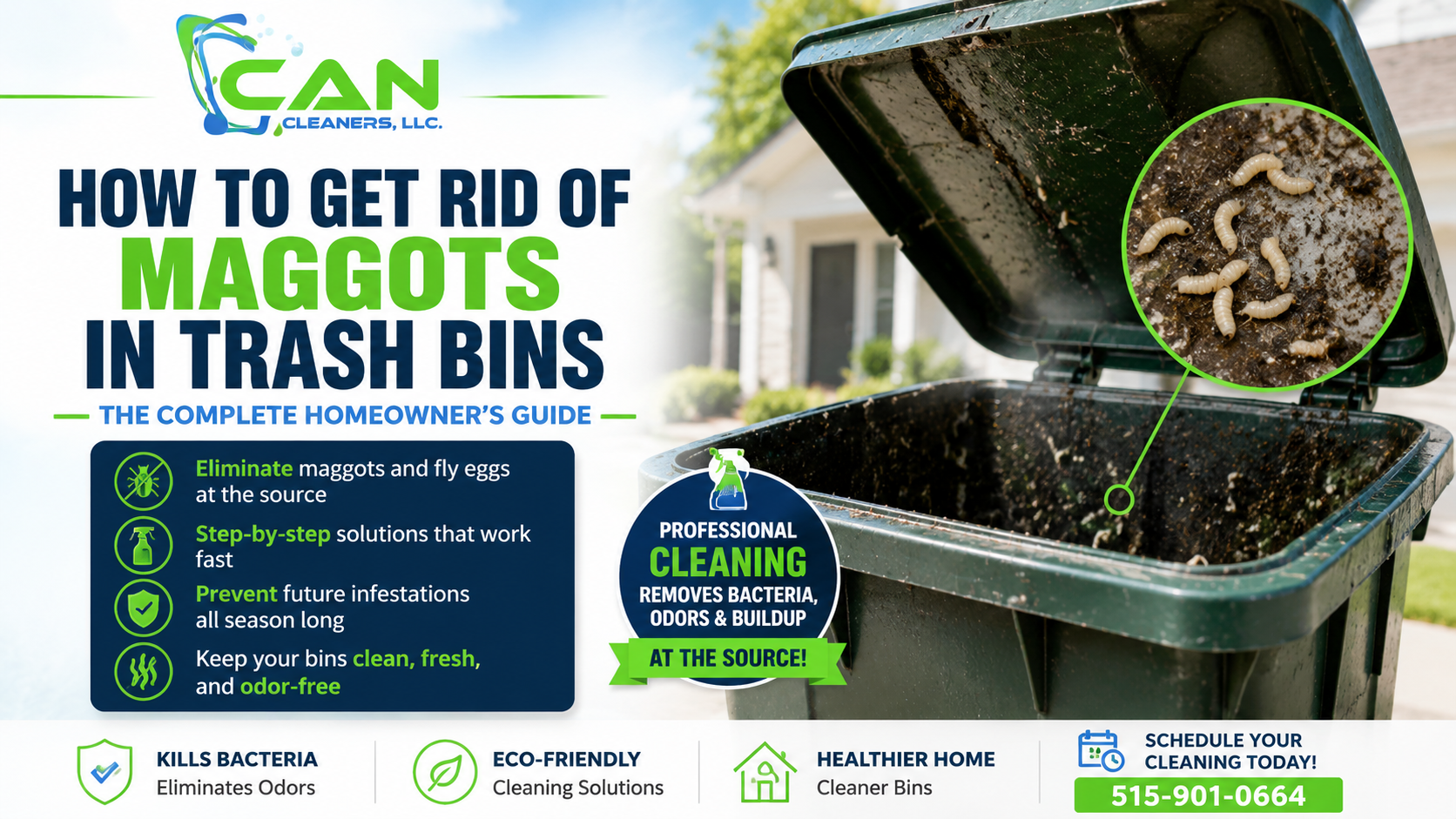 How to get rid of maggots in trash bins with professional trash bin cleaning in Des Moines, Iowa.
