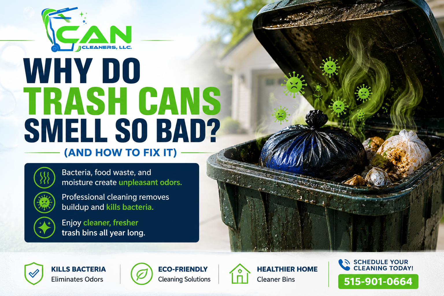 Why trash cans smell so bad and how professional trash bin cleaning removes odors in Des Moines, Iowa.