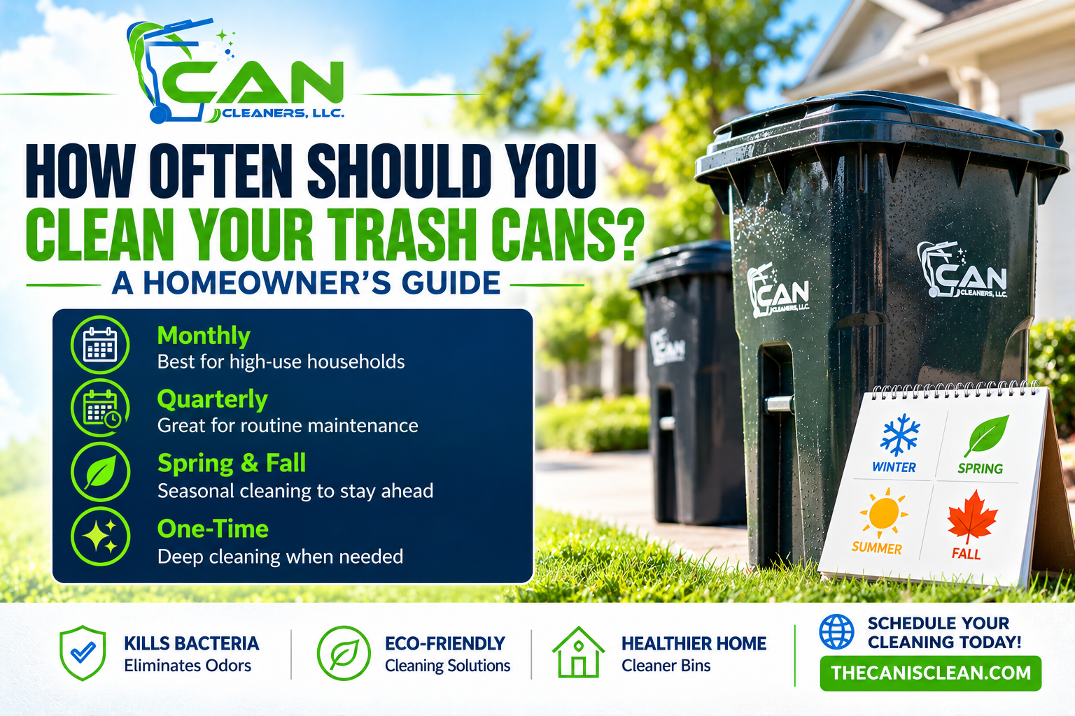 Residential trash cans showing monthly, quarterly, seasonal and one-time cleaning options in Des Moines, Iowa