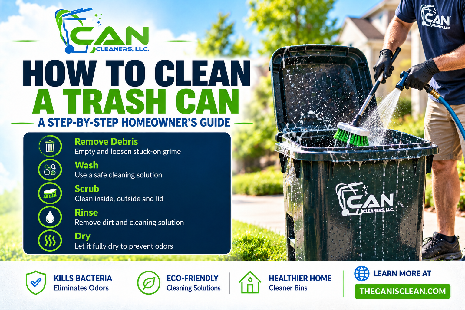 Residential trash can being washed and scrubbed with water and cleaning equipment in a step-by-step cleaning guide.