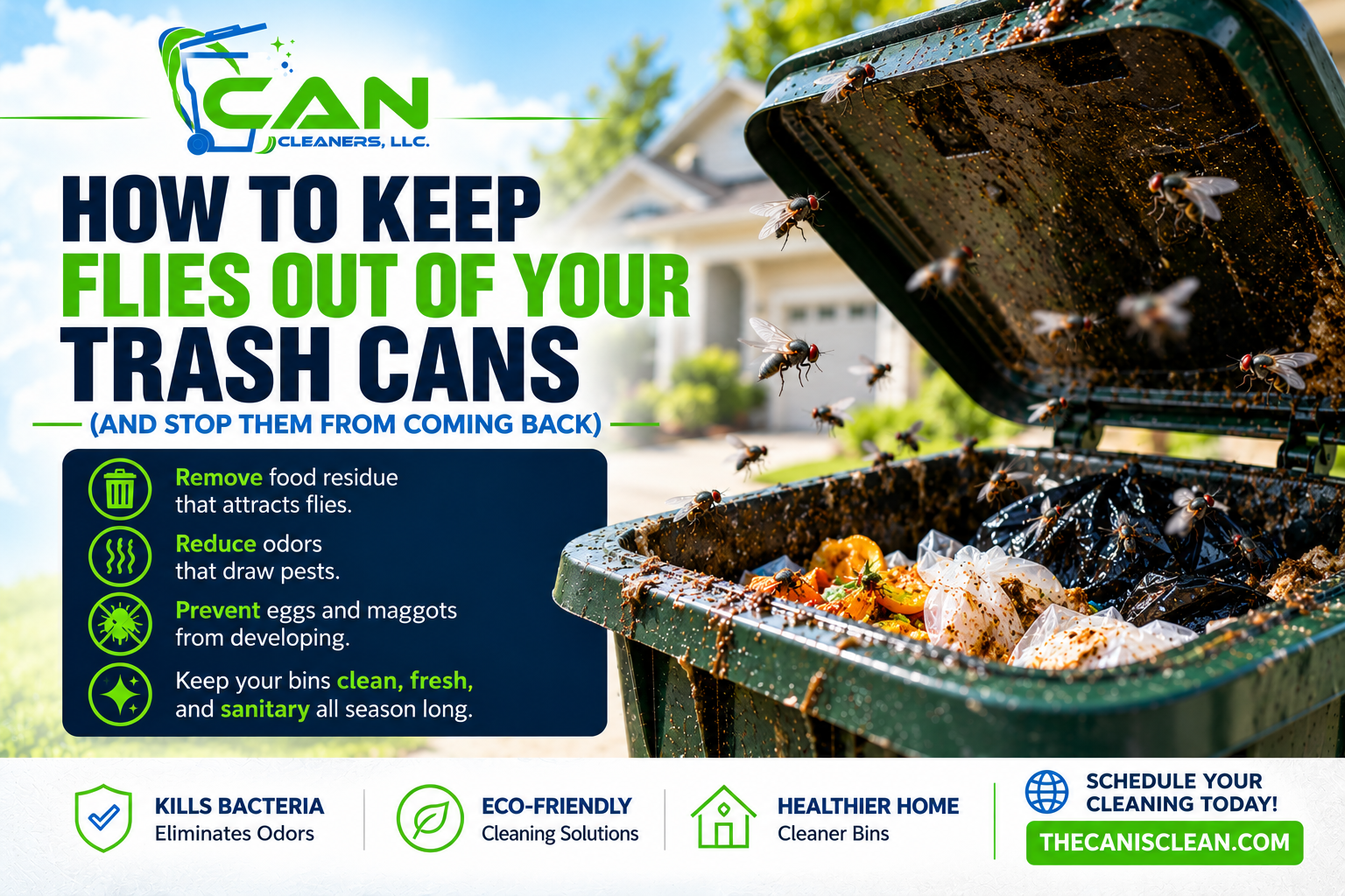 Dirty residential trash can attracting flies before professional trash bin cleaning in Des Moines, Iowa